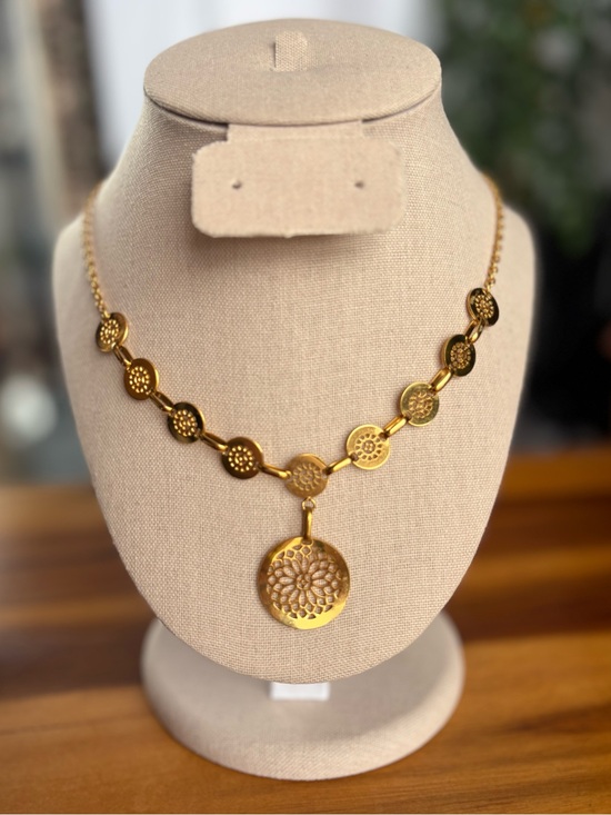 Jewelry - Gold Tone Boho Filigree Disc Collar Necklace Cutout Mandala Coin Station Choker